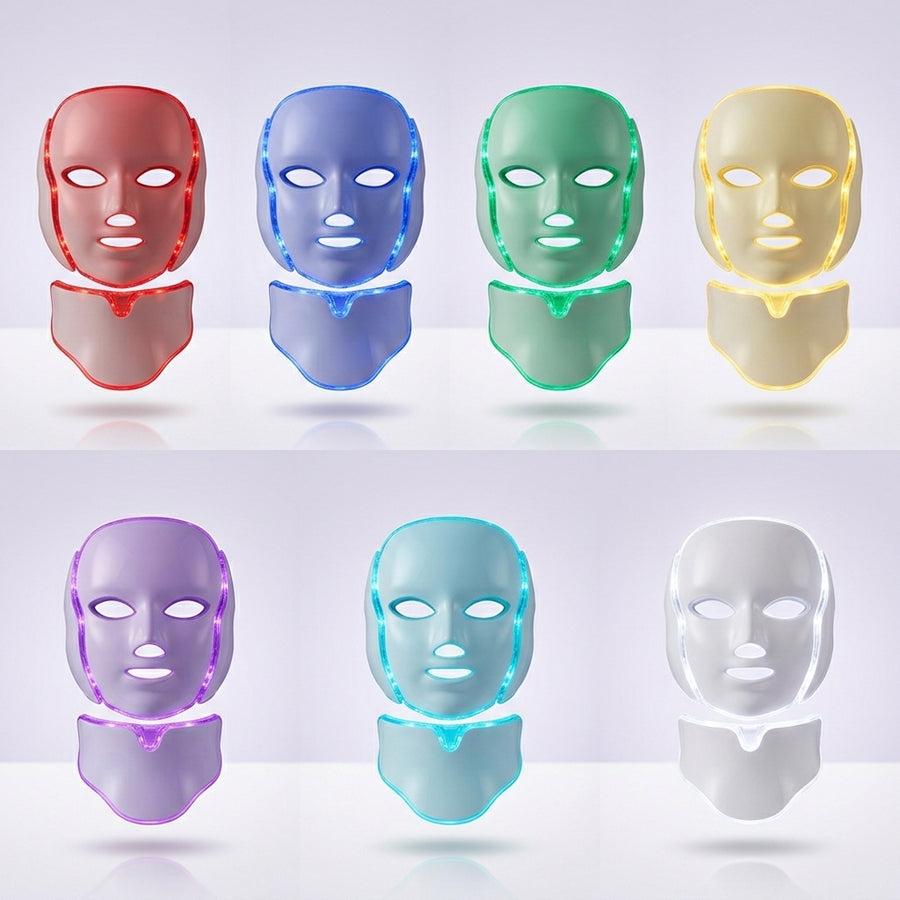 Los 7 colores de luz de la mascarilla LED Dermiq: rojo, azul, verde, amarillo, morado, cian y blanco