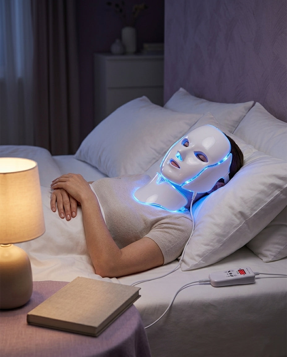 Mujer tumbada en la cama con la mascarilla LED Dermiq encendida en luz azul
