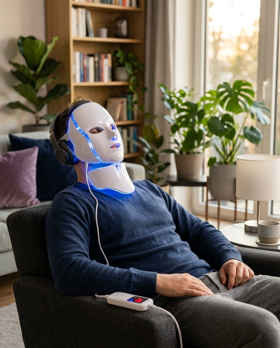Hombre con auriculares usando la mascarilla LED Dermiq en luz azul en un sillón