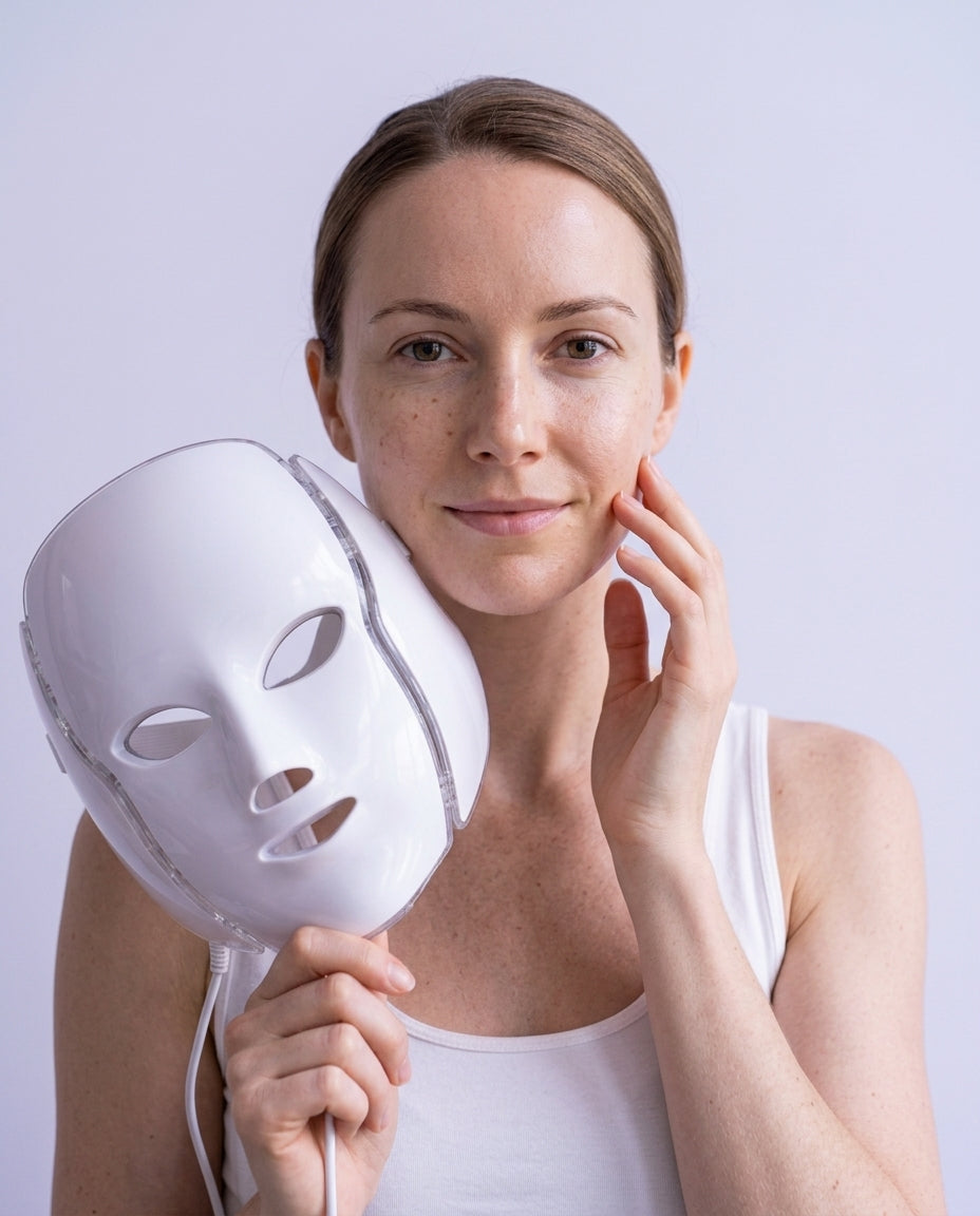 Mujer sonriendo con la mascarilla LED Dermiq apagada en la mano, junto a su cara