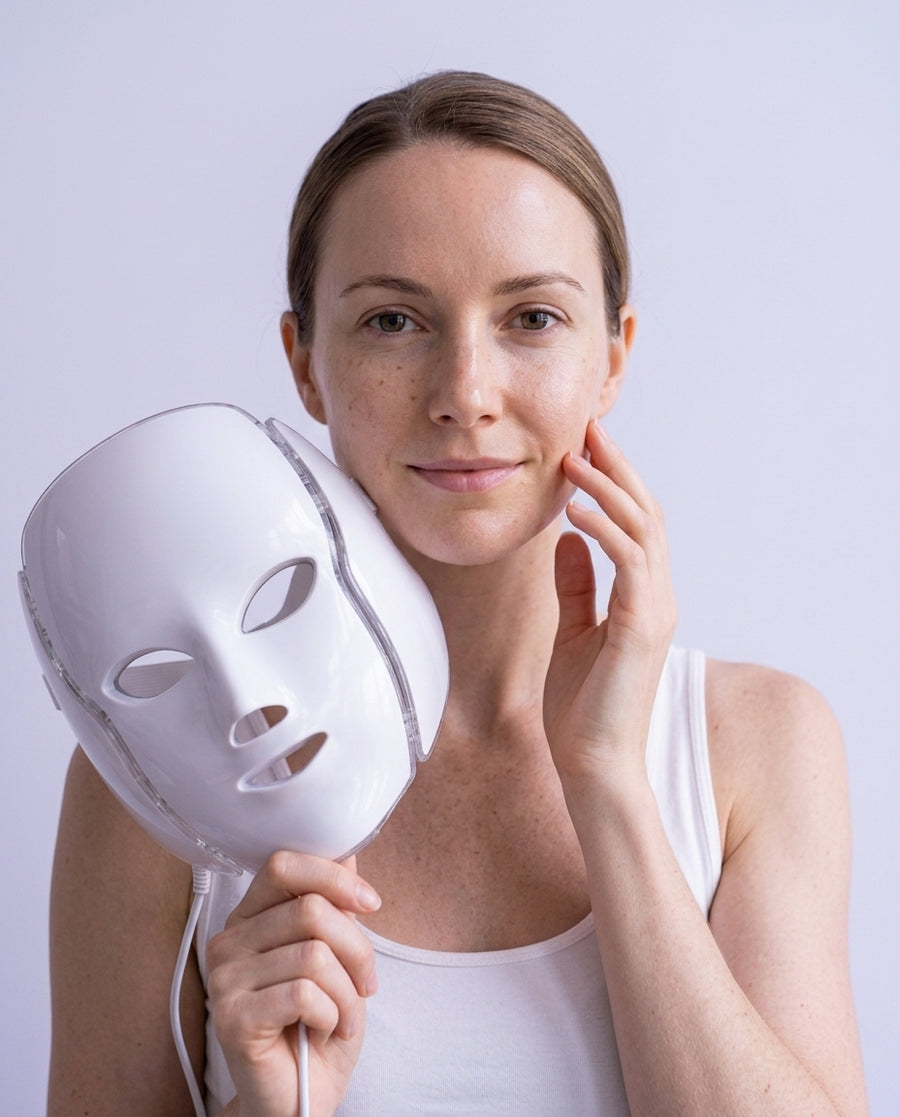 Mujer sonriendo con la mascarilla LED Dermiq apagada en la mano, junto a su cara