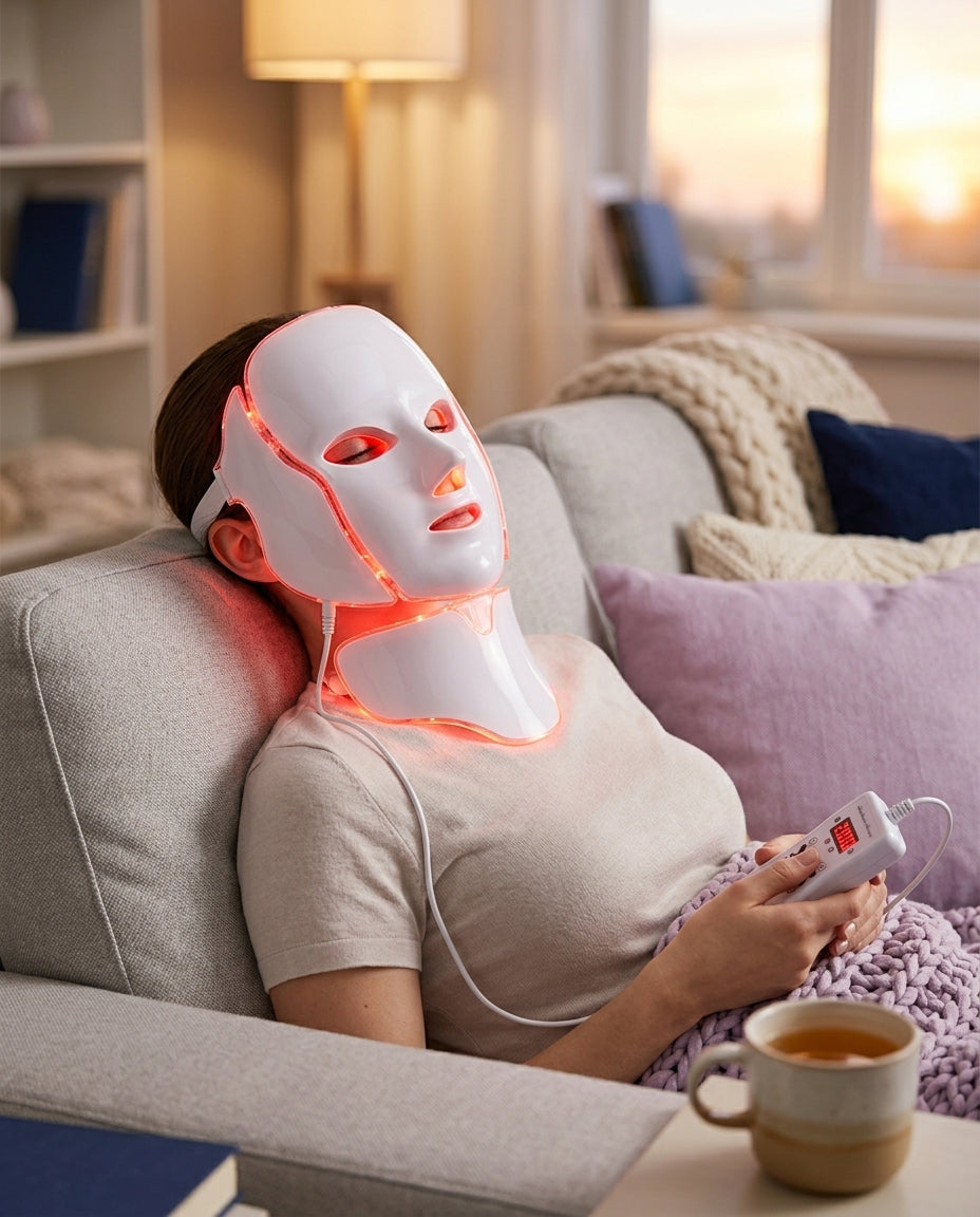 Mujer relajándose en el sofá con la mascarilla LED Dermiq encendida en luz roja