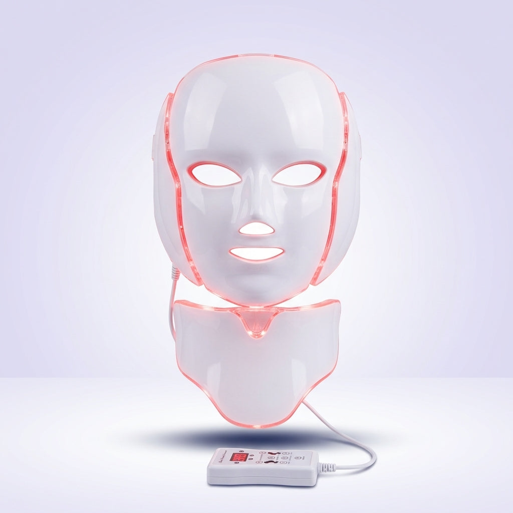 Mascarilla LED Dermiq con pieza de cuello y mando, encendida en luz roja
