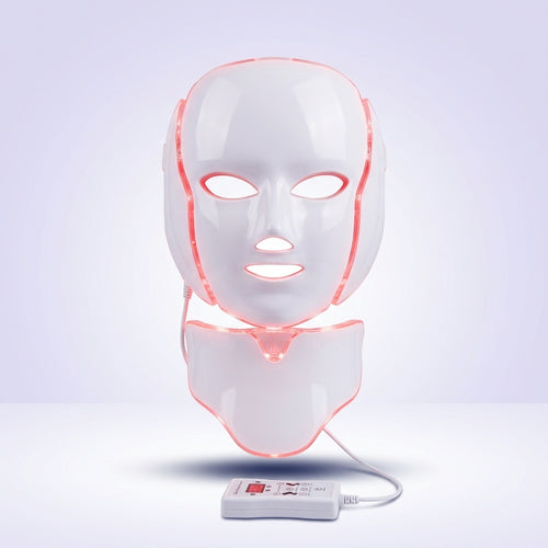 Mascarilla LED Dermiq con pieza de cuello y mando, encendida en luz roja
