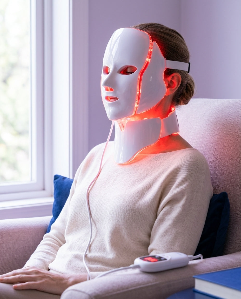 Mujer de perfil con la mascarilla LED Dermiq y la pieza del cuello encendidas en luz roja