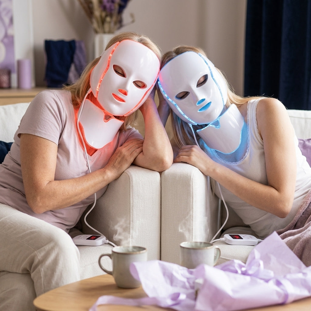 Madre e hija en el sofá con dos mascarillas LED Dermiq, una en luz roja y otra en azul